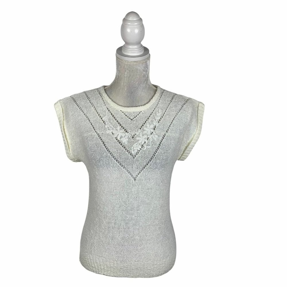 Knitivo Vintage Short Sleeve Sweater Top Loose Knit Semisheer Floral Off-white L